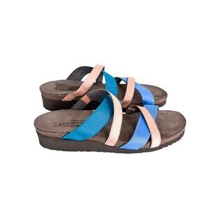 Naot Multistrap Leather Slide Sandals in Teal Blue and Blush